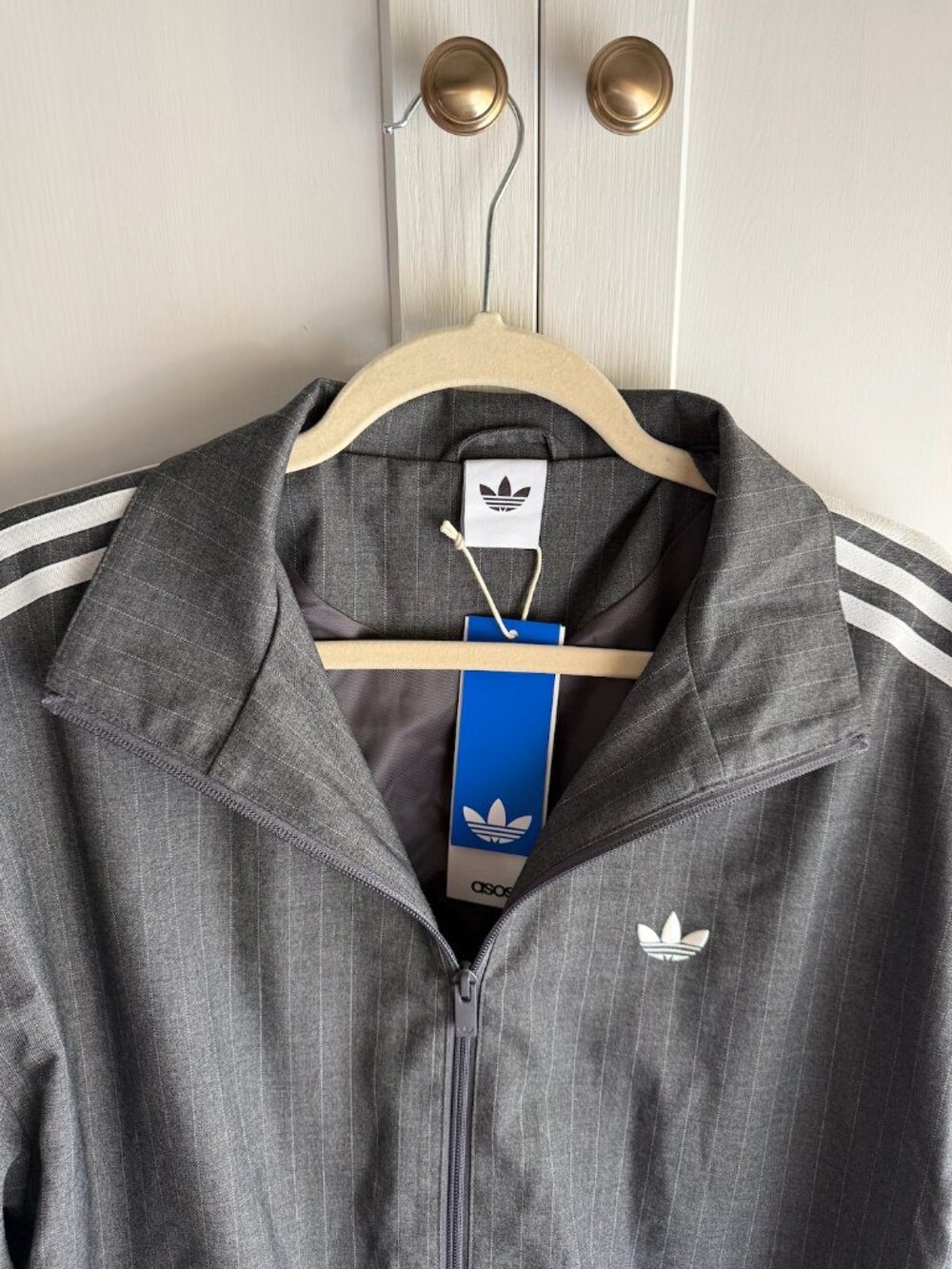 adidas Originals Gray Pinstripe Track Varsity Jacket with White Stripes - Picture 4 of 9